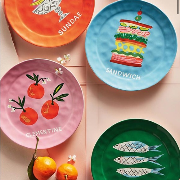 Anthropologie Green Sardine Pictoral Dessert Plate Set